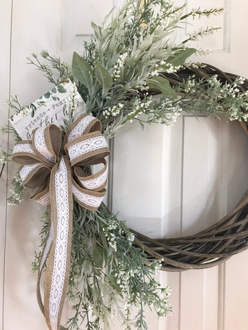 Grey Willow Wreath with baby’s breath and white sage