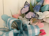 Blue gingham bow and tulips