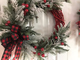 Red Grapevine Wreath /Snow covered Evergreens