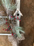 Antique Window with Winter  Birdhouse and a Bird