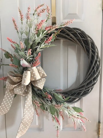 Grey Willow Wreath with pink sage and a polka dot burlap bow