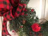 Buffalo plaid bow, Icy evergreens, Two red birds