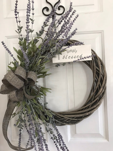 Grey Willow Wreath with lavender and a grey tweed burlap bow